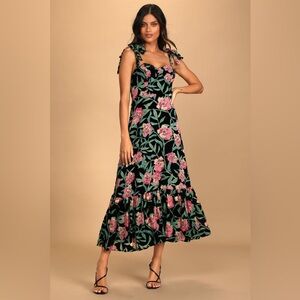 🔆 Lulus Glorious Garden Black Floral Print Burnout Velvet Maxi Dress, Size XS